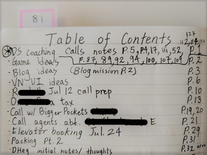 Table of contents ensure I can find important notes. The sticky note is flipped: this is Volume 18. Table of contents ensure I can find important notes. The sticky note is flipped: this is Volume 18.
