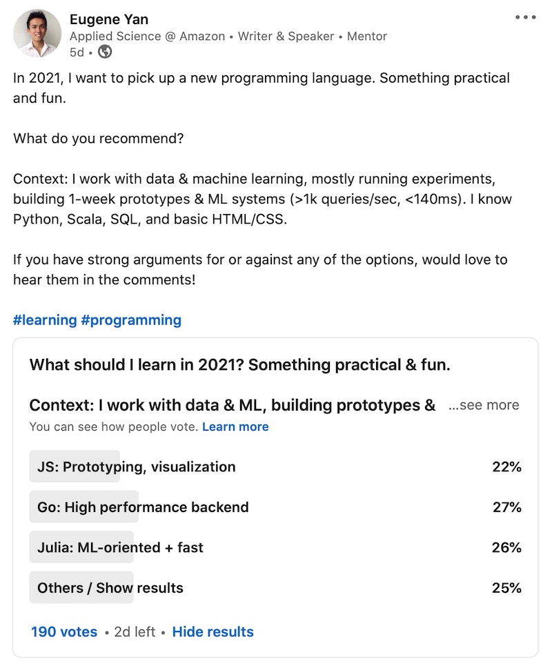 Poll of what programming language I should learn in 2021 on LinkedIn Poll of what programming language I should learn in 2021 on LinkedIn
