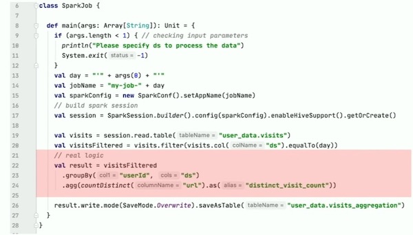 Most of the code in a Spark job is boilerplate; little of it is the actual transformation. Most of the code in a Spark job is boilerplate; little of it is the actual transformation.