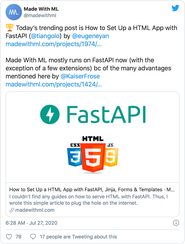 Tweet by @madewithml